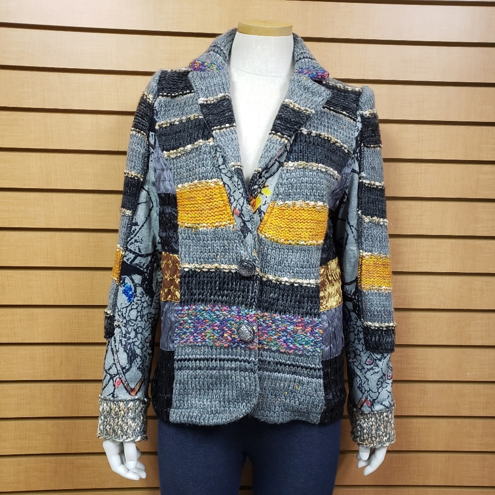 Lulu H Patchwork Blazer Jacket Size L French Style Colorful Knit Boho
